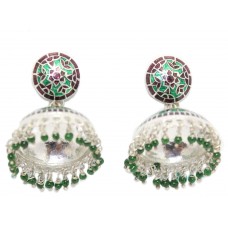 Earrings Enamel Jhumki Dangle Sterling Silver 925 Green Beads Traditional C26